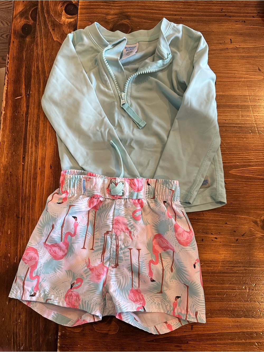 RuggedButts Baby Boys Aqua Rash Guard & Flamingo Swim Shorts Set